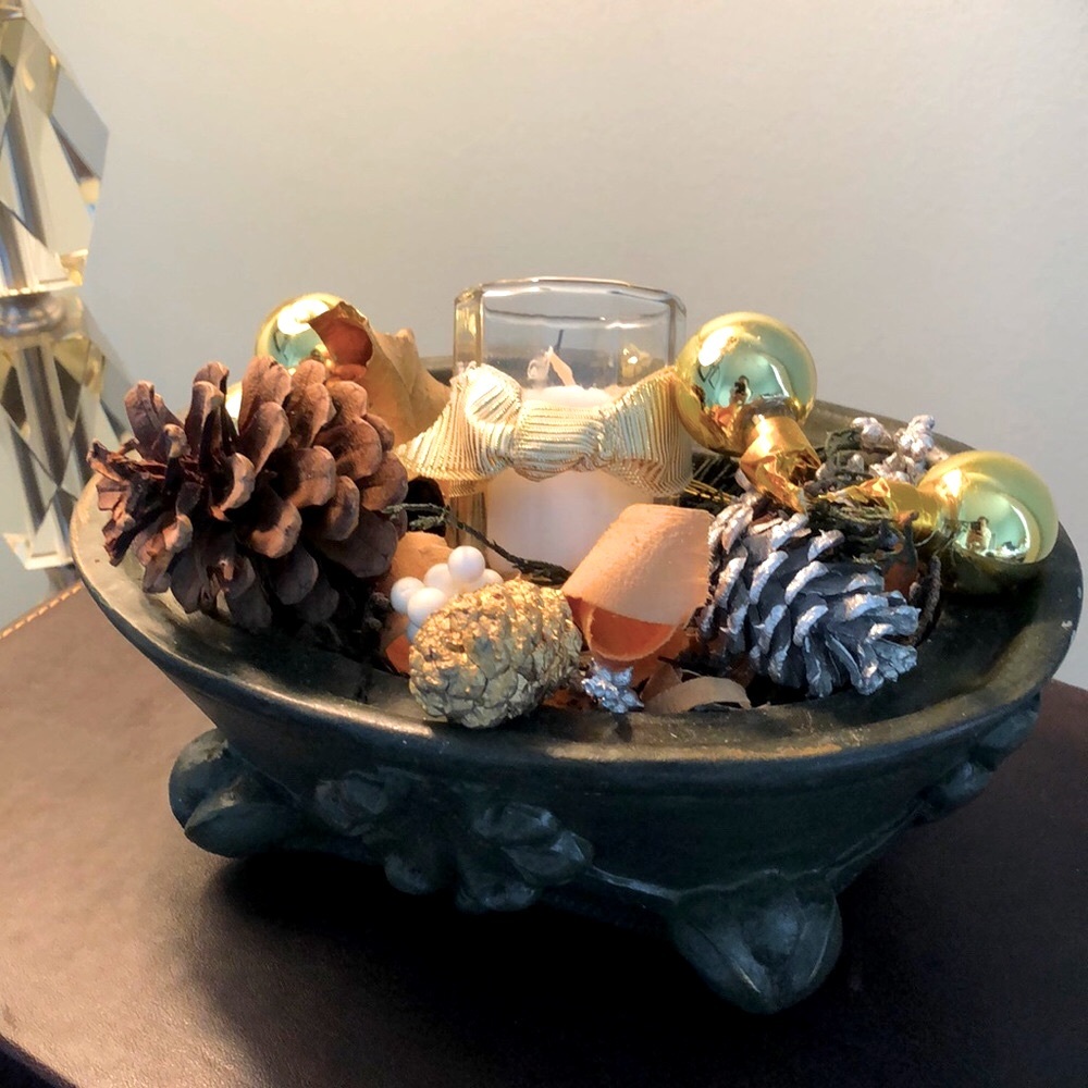 Floral, candle arrangement. Dark green, gold, silver. Votive vanilla candle